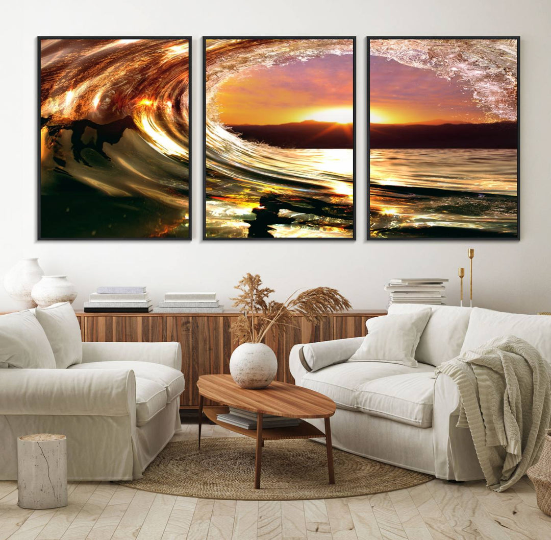 The Golden Wave Sunset Triptych Canvas Art showcases an ocean wave at sunset, casting warm light.