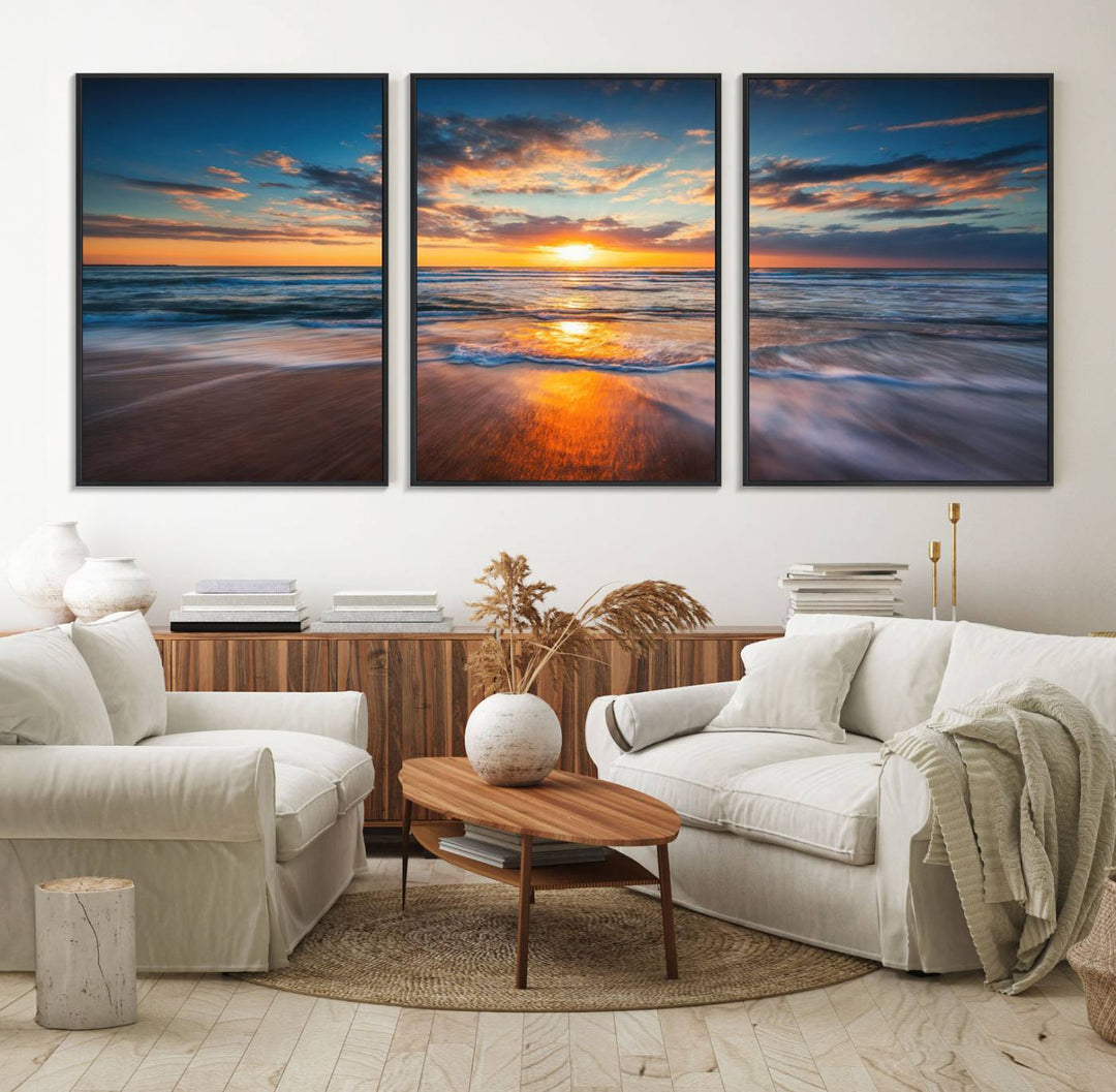 The Sunset on the Ocean canvas adds coastal ambiance to the wooden wall.