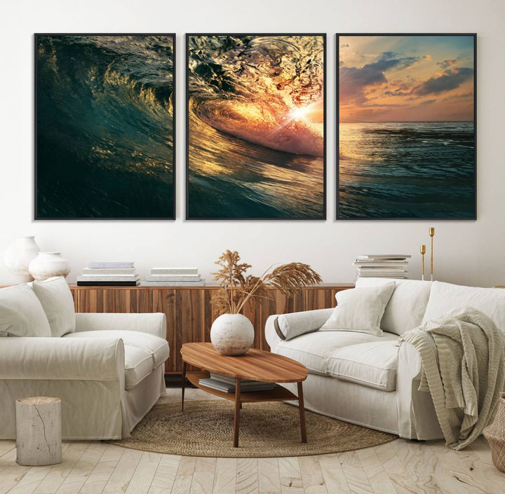 A triptych seascape titled Ocean Wave Sunset Canvas, featuring a stunning ocean view at sunset, is beautifully framed and ready to hang.