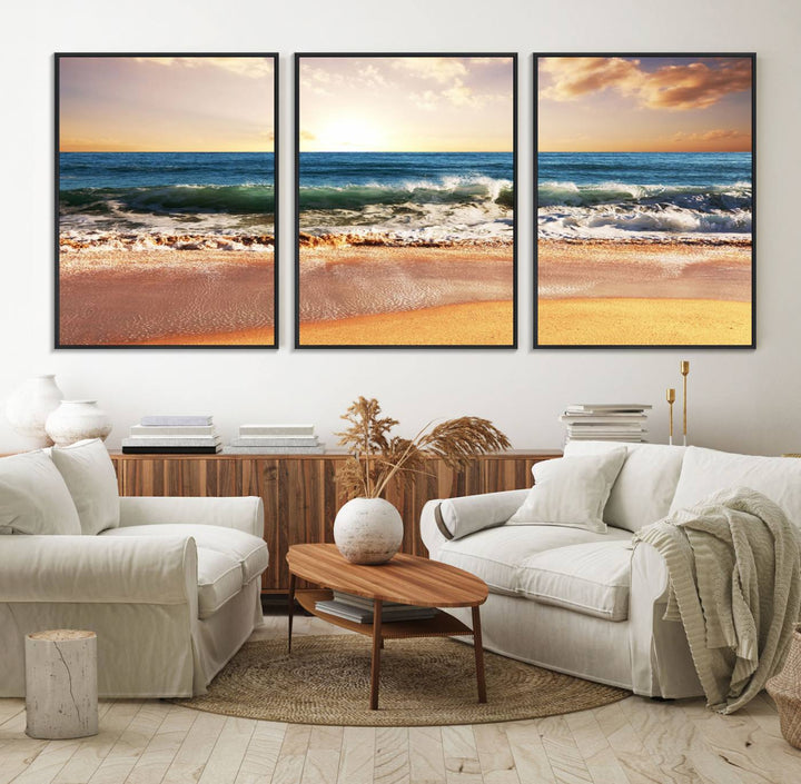 The wall features a Canon-quality Serene Beach Path canvas giclee print, depicting coastal dunes.