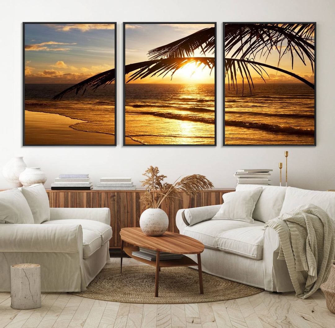 Golden Tropical Beach Sunset Canvas Triptych: Coastal Palm Art & Giclee Print with Gallery Wrap, capturing golden waves.