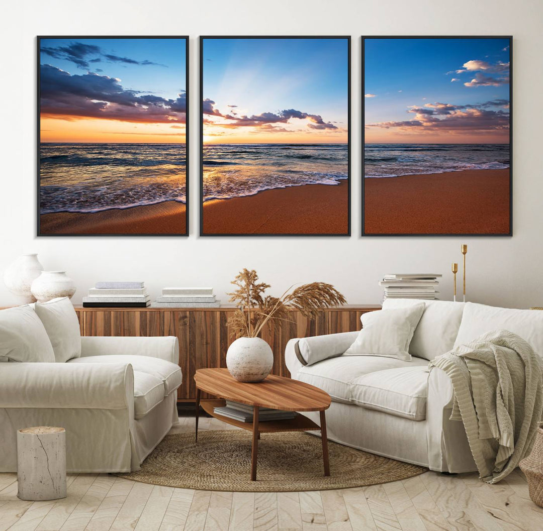 The living room showcases a Serene Ocean Sunset Canvas Print.