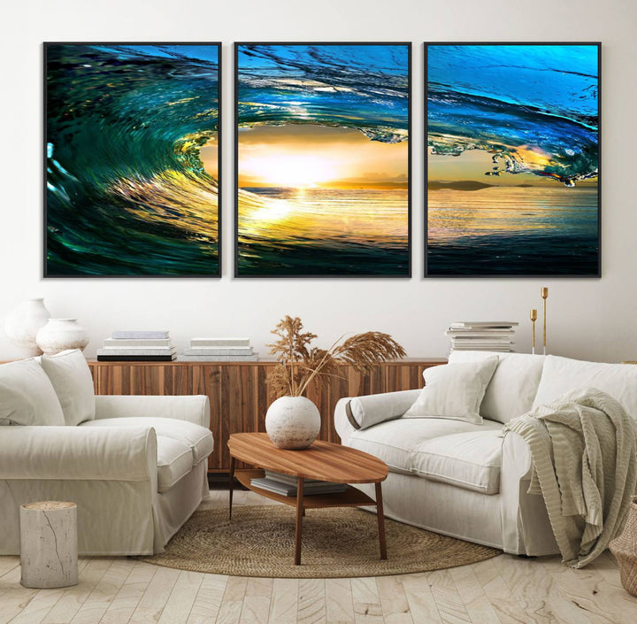 The Ocean Wave at Sunset Canvas Art exudes a coastal vibe.