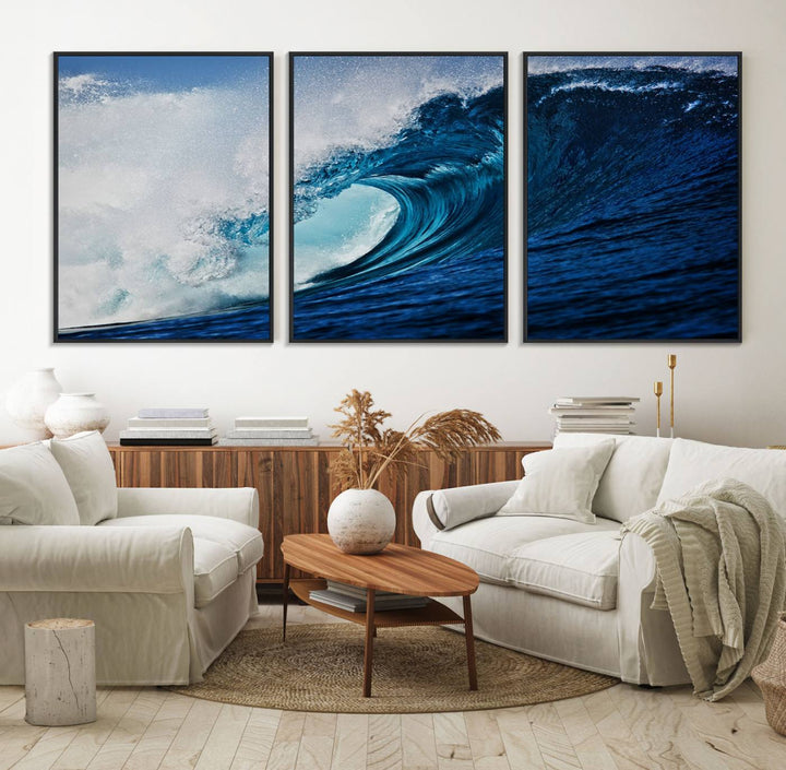 Ocean Wave at Sunset Canvas: A vibrant coastal art piece perfect for modern minimalist decor.