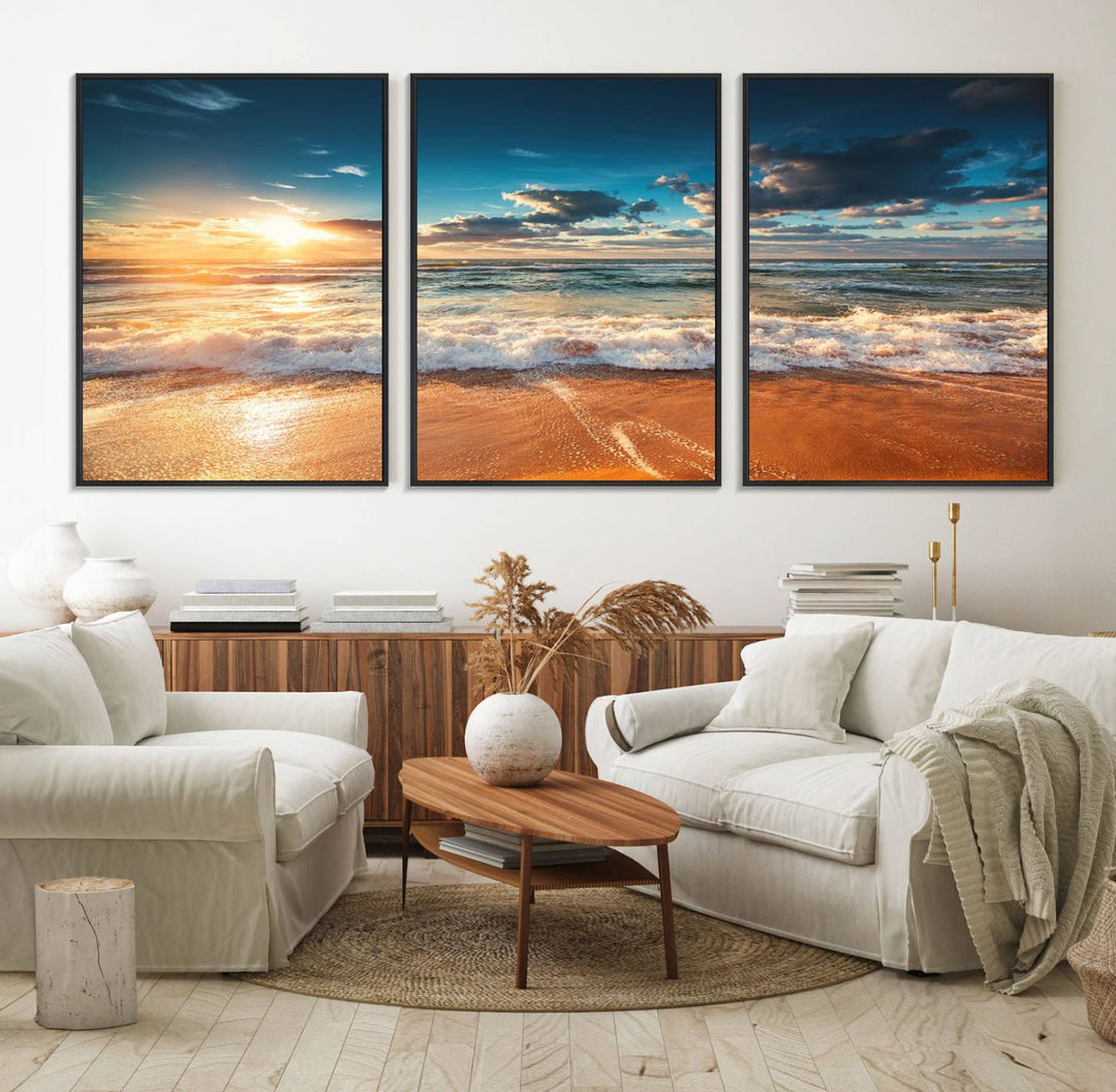 A Golden Sunset Beach Triptych Canvas Art hangs on a white wall.