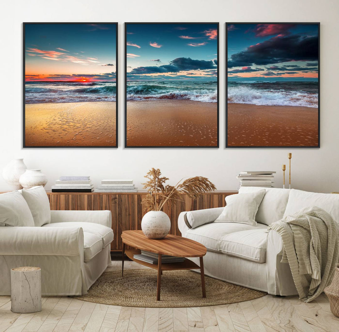 A large 3-panel sunset ocean beach canvas is displayed above the counter.