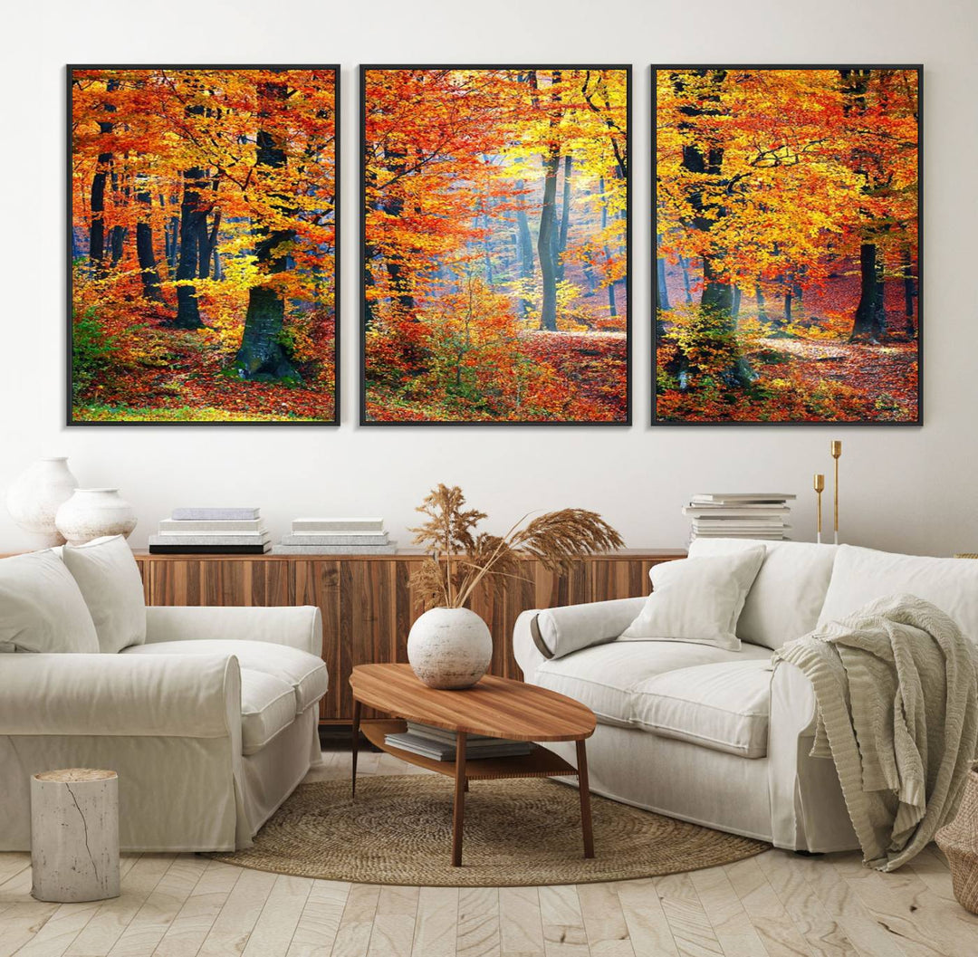 The room features an Autumn Red Forest Triptych Canvas Wall Art.