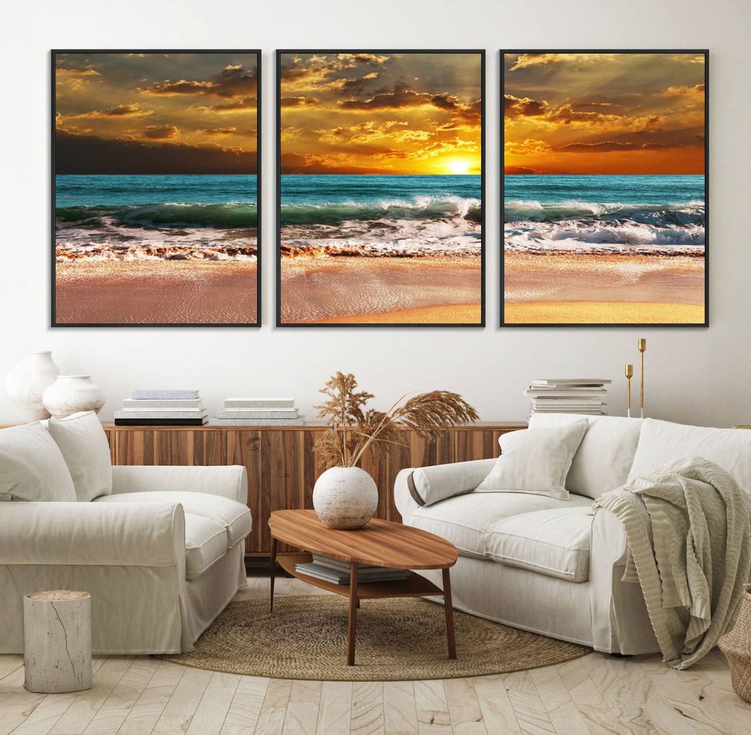 Golden Sunset Beach Canvas Triptych adorns the cozy room, creating a stunning focal point.