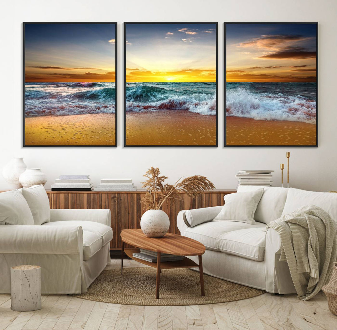 The kitchen features the Golden Sunset Ocean Waves multi-panel coastal wall art canvas.