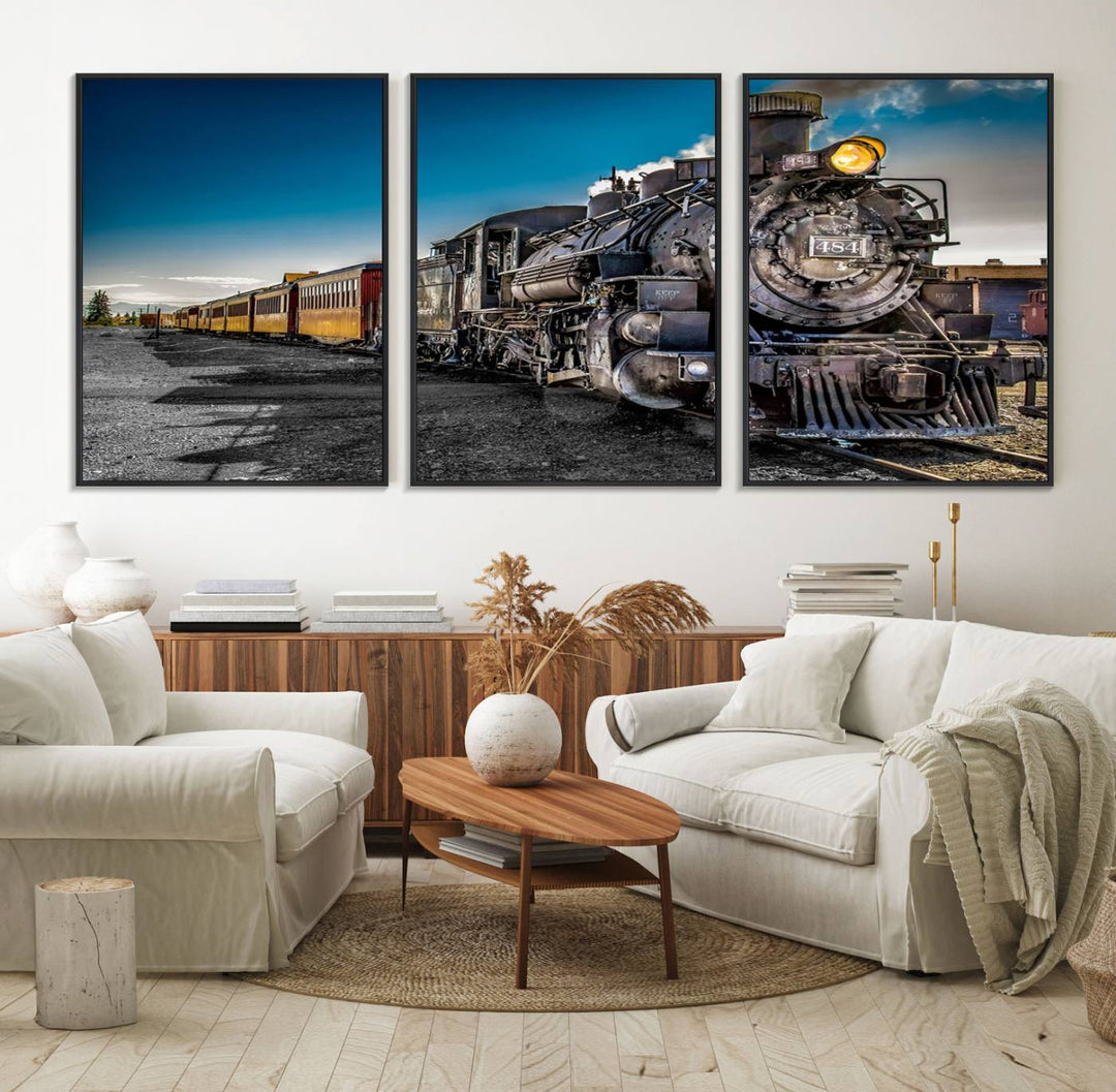 The Train Wall Art Canvas Print features a vintage steam train with a bright headlight.