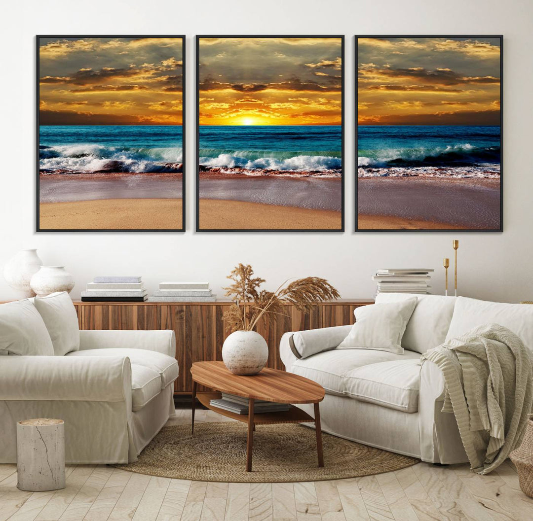 The Ocean Sunrise Over Golden Beach Waves wall art is prominently displayed, capturing the serene beauty of a beach at sunrise.