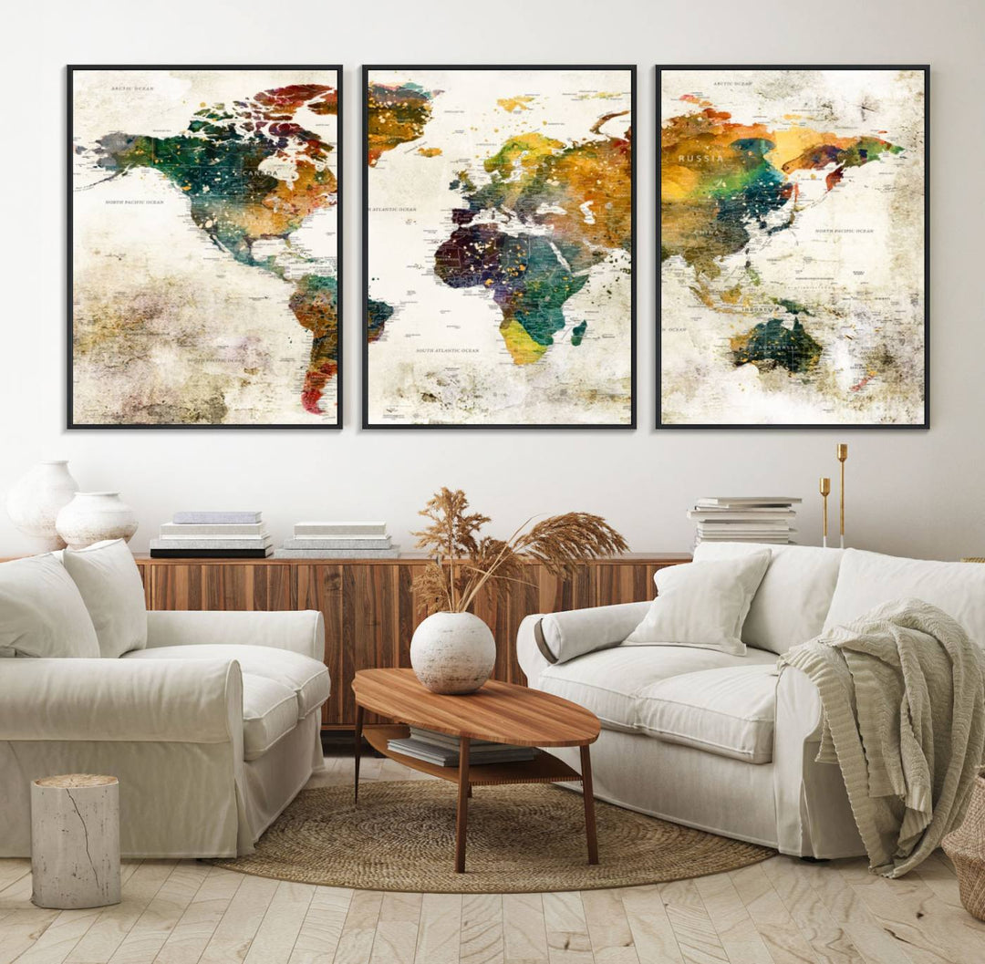 A 3-panel vintage world map canvas art is displayed.