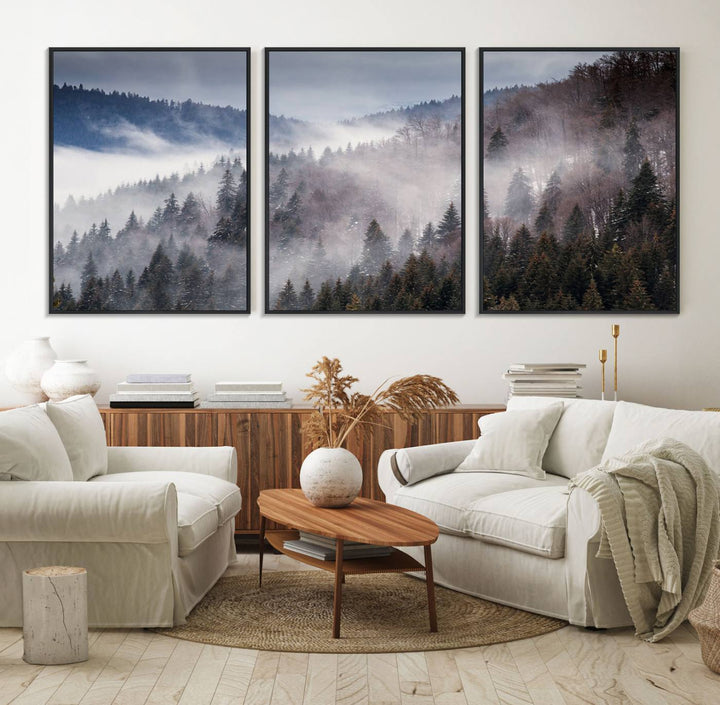 A museum-quality canvas of Beautiful Rising Fog in Winter Mountain Landscape hangs on the wall.