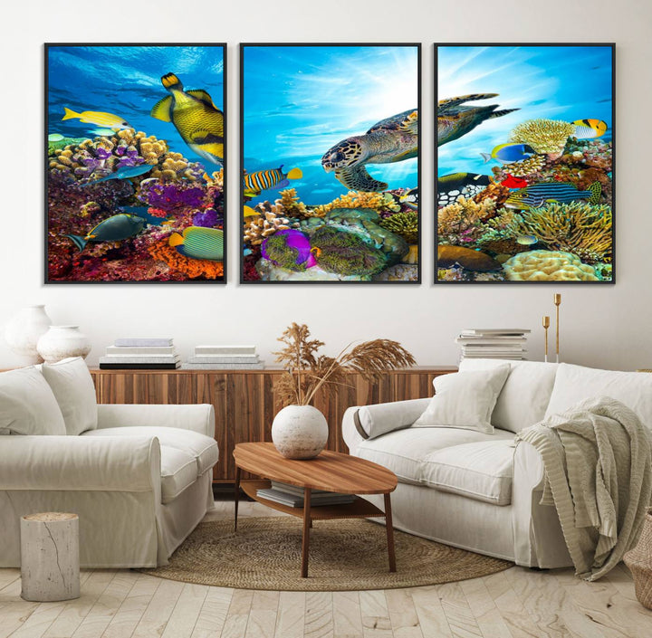 Aquatic Life Sea Turtles Fish Wall Art on canvas, perfect for adding a touch of marine beauty to your space.