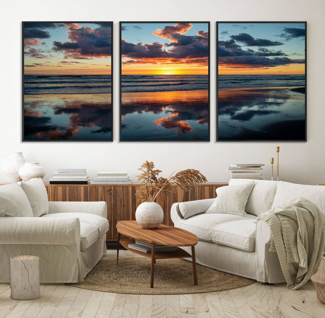 A Beach Sunset Print - Stunning Ocean Canvas Artwork adorns the wall.