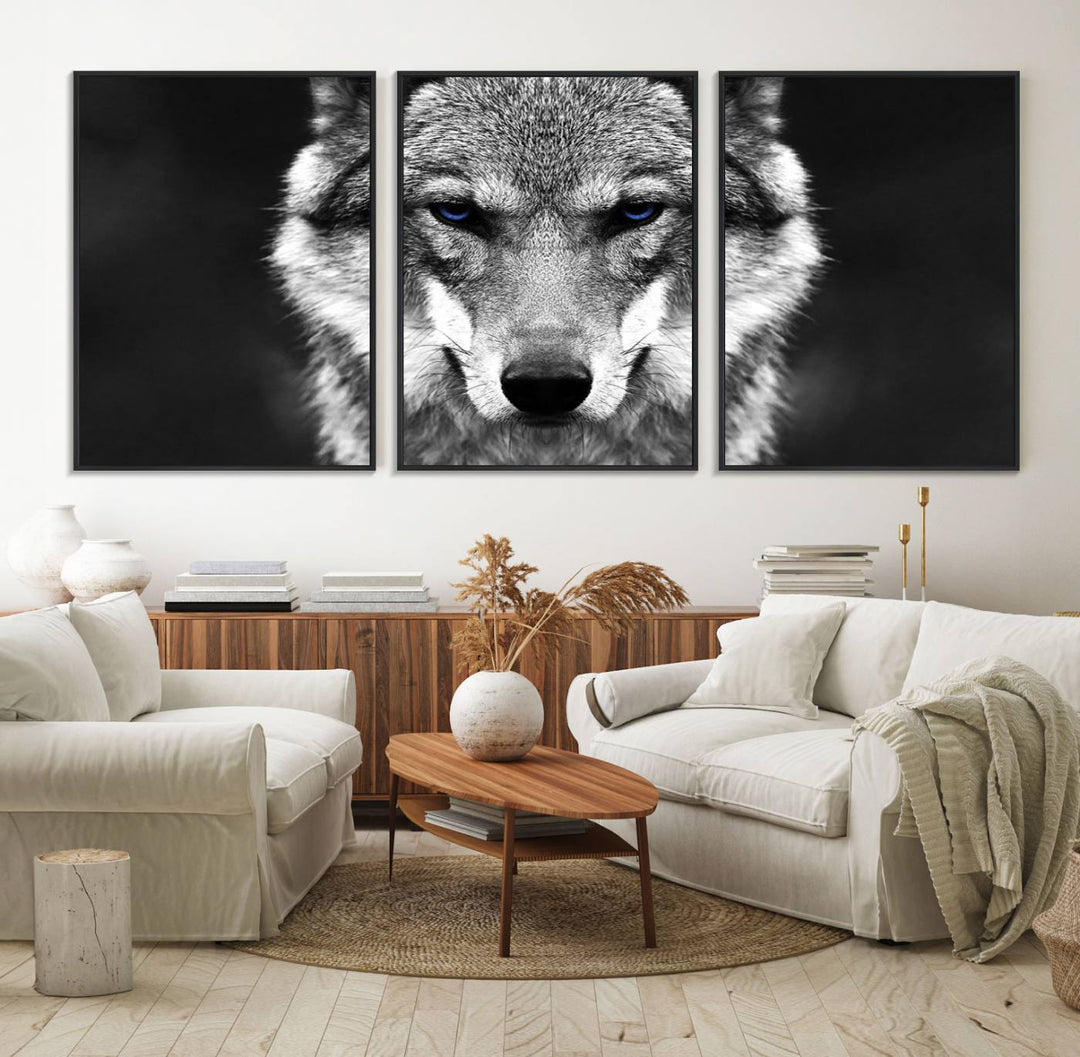 A ready-to-hang Black and White Wild Wolf Wall Art Canvas Print.