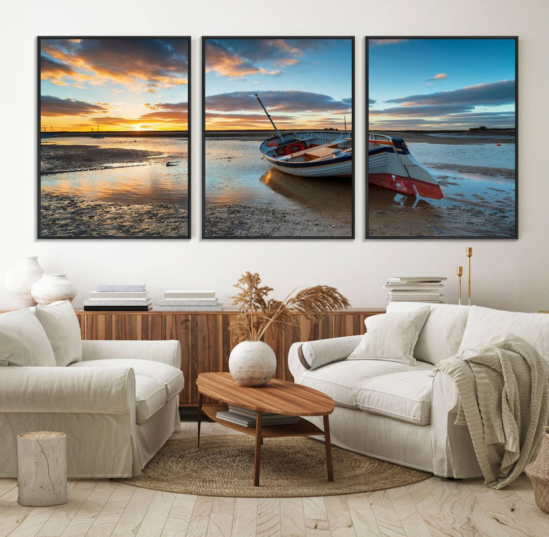 The Small Boat At The Beach Sunset wall art canvas print features UV coating, is museum-quality, and is ready to hang.