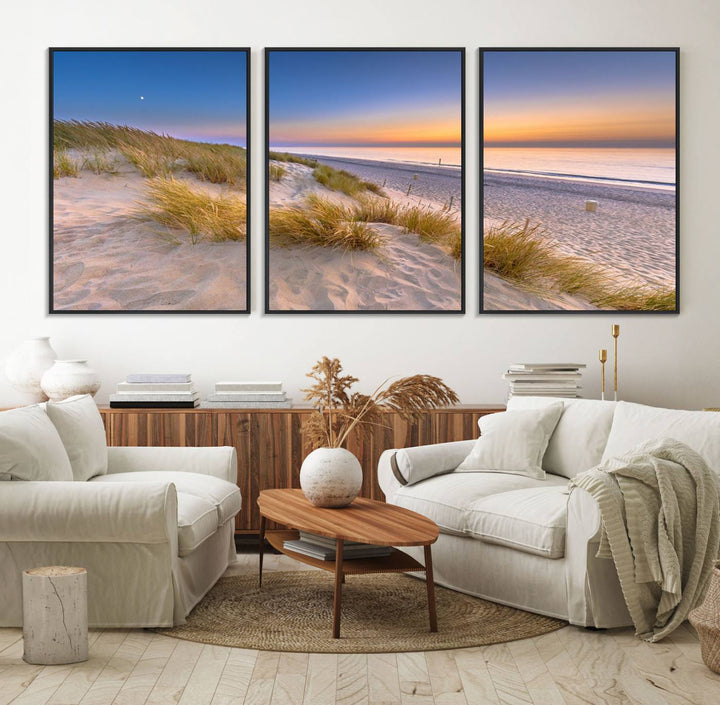 The cozy kitchen features the Sunrise On The Beach canvas art.