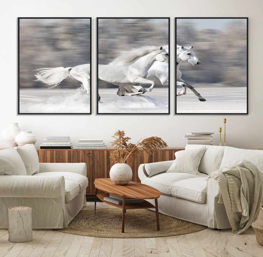 Museum-quality All The White Horses canvas print of two white horses in snow, ready to hang.