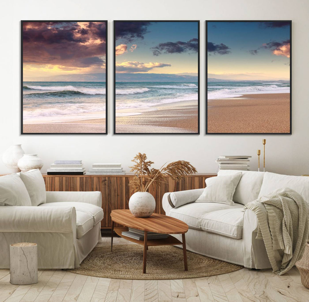 The dining area is enhanced with the Cloudy Weather Beach Sunset Canvas Print.