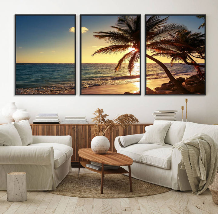 Sunset Palm Trees Wall Art Canvas Print: a serene beach scene on museum-quality canvas.