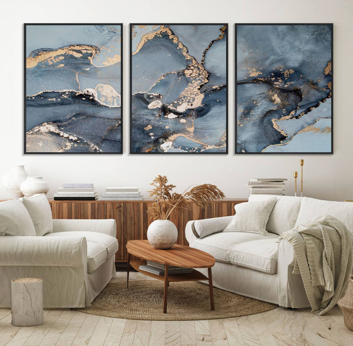 A Multipanel Marble Fluid Effect Canvas Print hangs prominently on the wall.