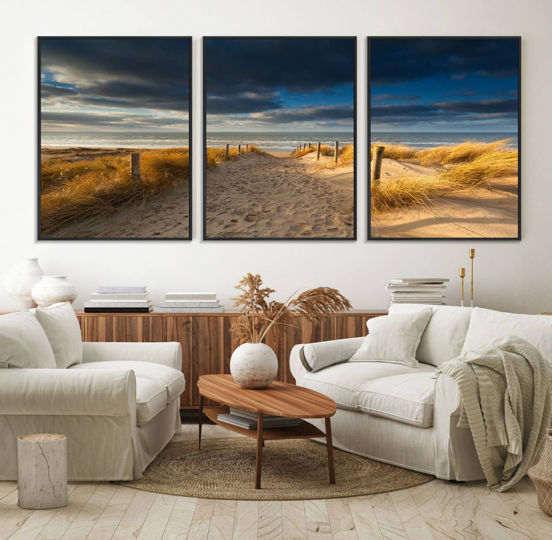 Museum-quality Ocean Beach Dark Clouds canvas print.