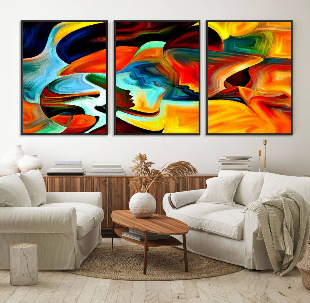 The kitchen wall features the Human Love Figures Abstract Wall Art Canvas Print.