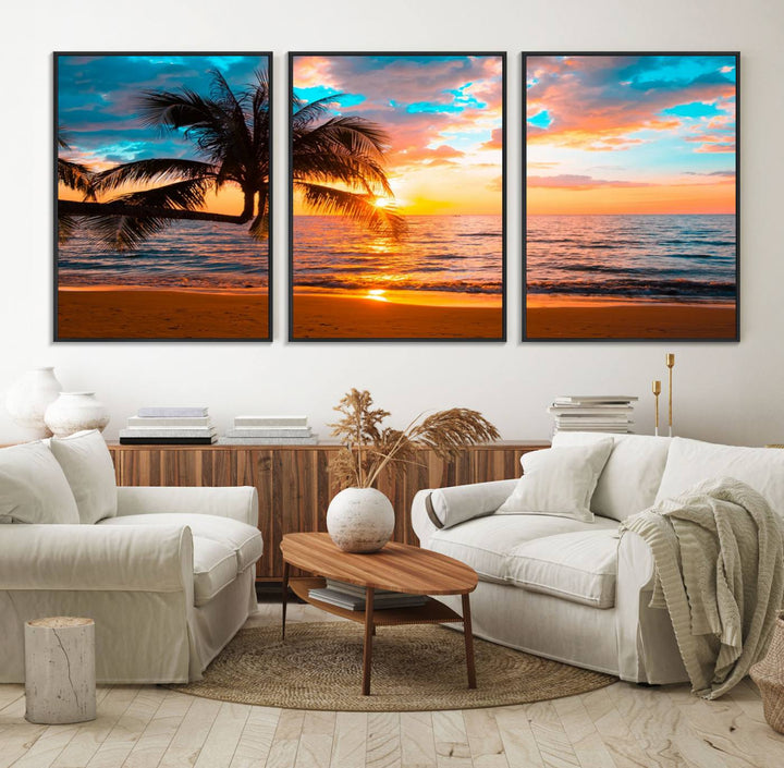 The Palm Tree Sunset On The Beach ready-to-hang canvas wall art—museum quality—brings a serene atmosphere to the room.