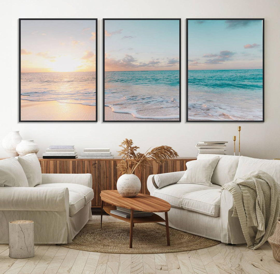 The room features a 3-panel Tranquil Ocean Beach Sunset Canvas Wall Art.