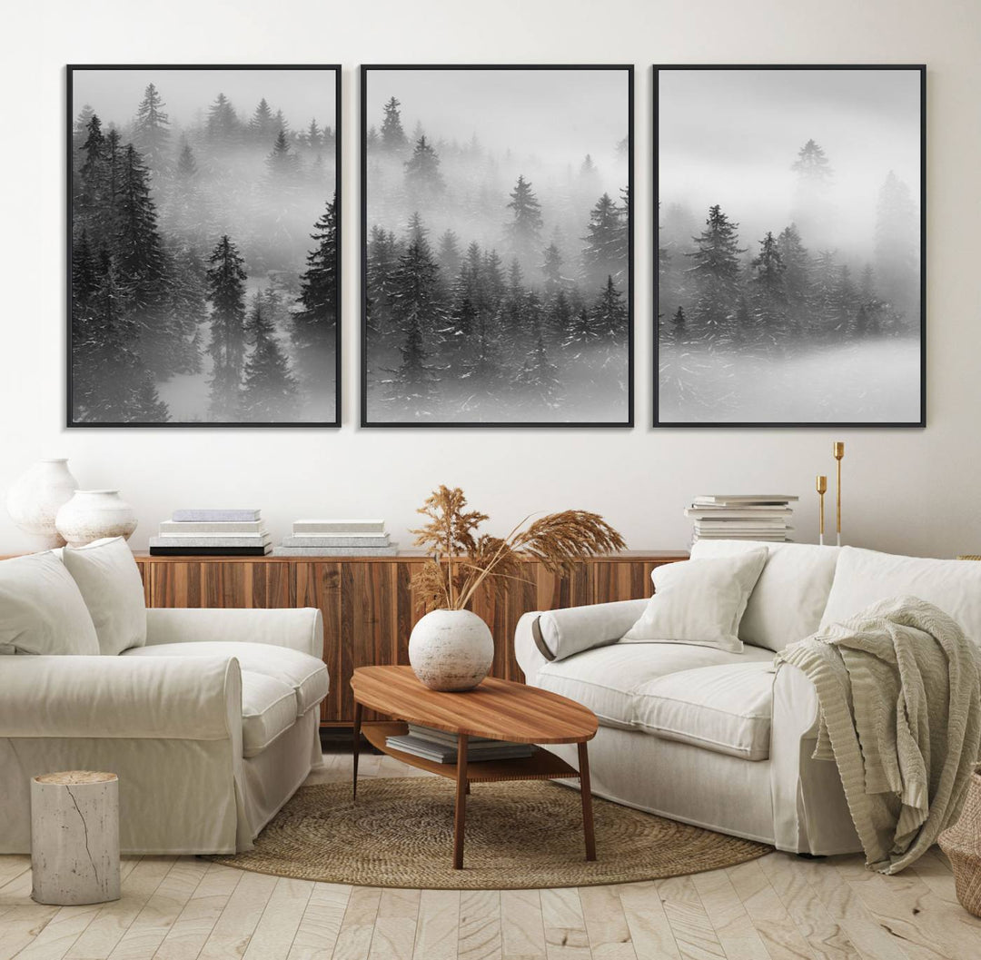 A stunning Foggy Misty Forest Canvas Wall Art adorns the kitchen wall.