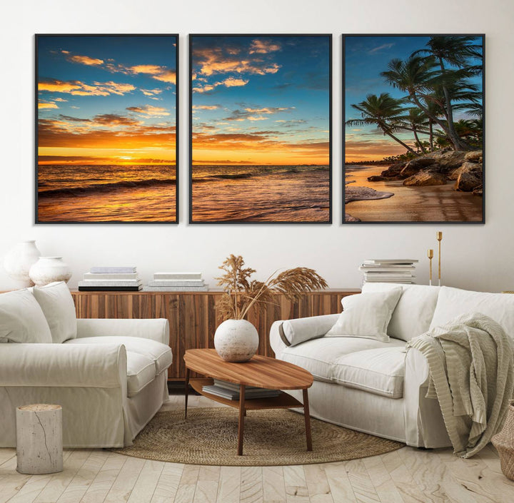 A stunning beach sunset on a museum-quality Sunset Wall Art Canvas Print adorns the kitchen wall.