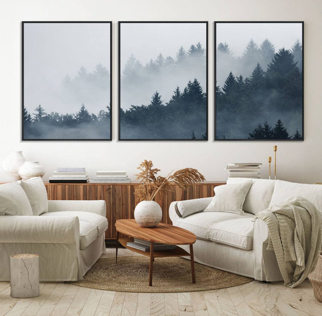 A large Foggy Pine Forest Wall Art Canvas Print.