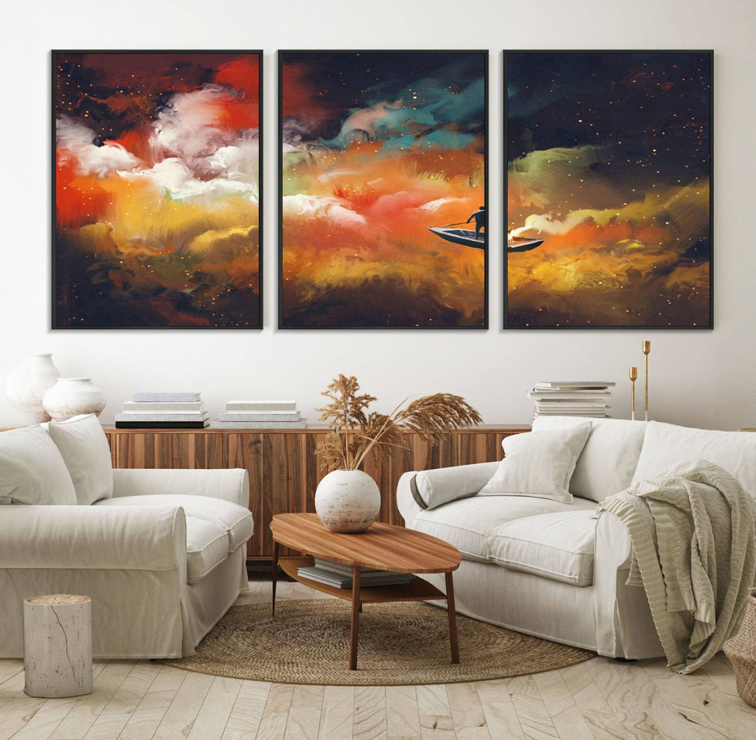 Surreal Space Adventure Canvas Wall Art features a person in a boat.