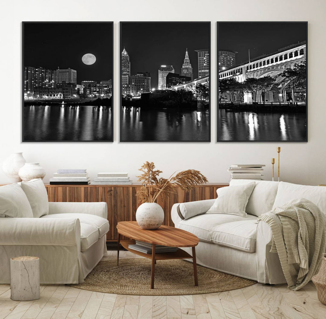 Cleveland Night Skyline Canvas Print: A museum-quality piece, ready to hang, featuring a stunning full moon and its reflections below.