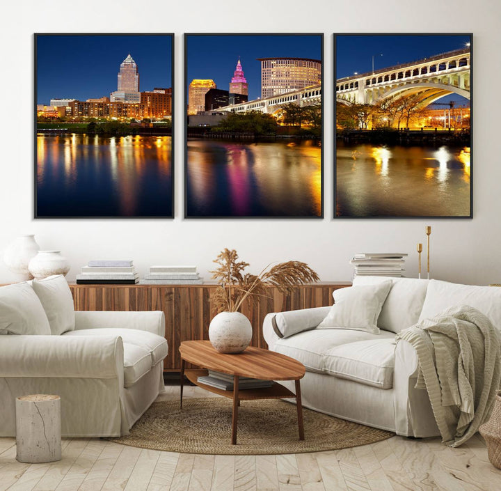 Cleveland Night Skyline Canvas: Cityscape with an illuminated bridge reflecting on calm water.