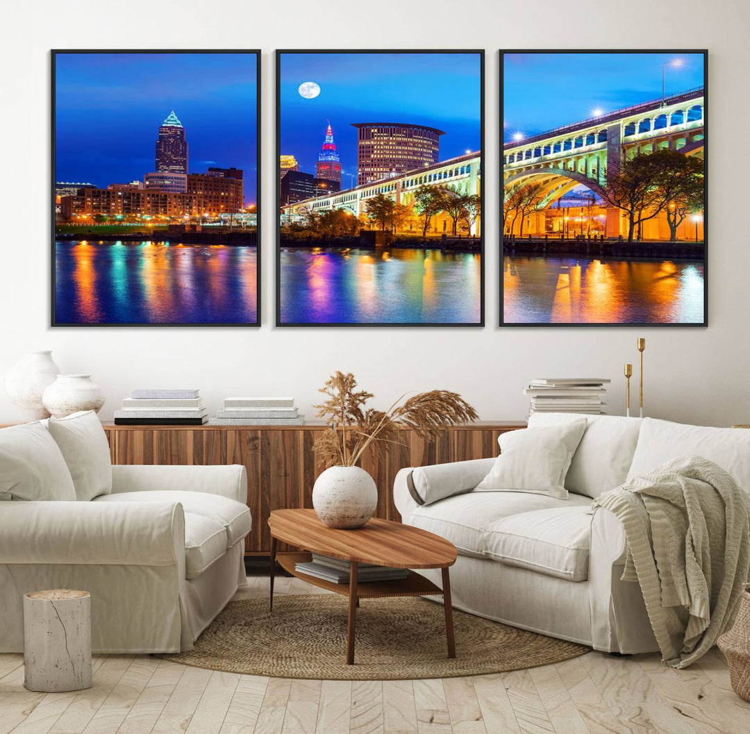 A Cleveland Night Skyline Wall Art on museum-quality canvas showcases a bridge and illuminated buildings.