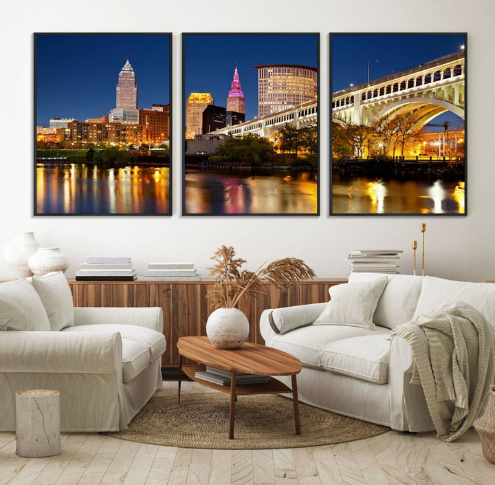 The Cleveland City Lights Canvas showcases a lit-up bridge and cityscape at night.