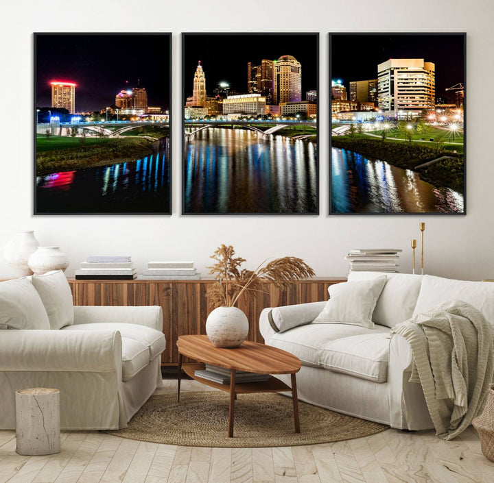 The Columbus City Lights Night Skyline Wall Art Canvas Print adorns the wall.