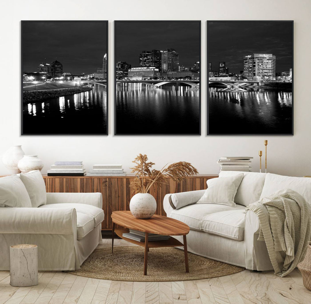 Columbus City Lights Skyline canvas print in black and white, featuring museum-quality craftsmanship and free shipping.