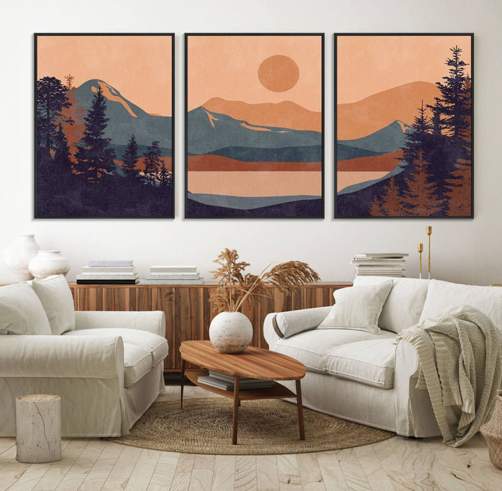 The Modern Boho Sunset Triptych displays a mountain sunset.