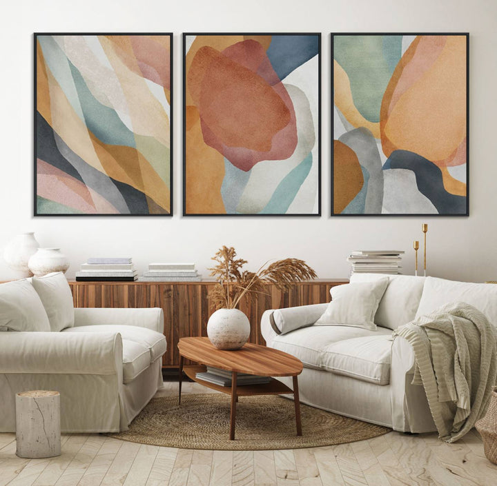 Boho Wall Art Canvas Print Set with warm earthy tones hangs prominently, showcasing its vibrant design.