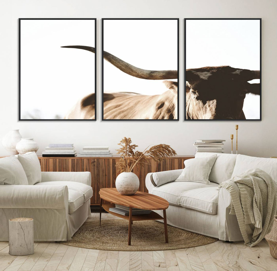 A 3-panel Texas Longhorn canvas adds a touch of rustic Western decor.