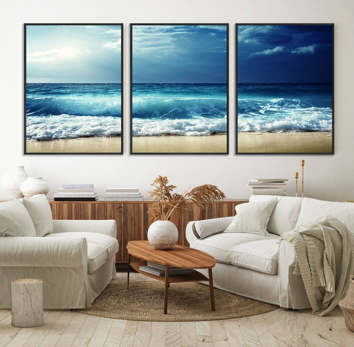 The Majestic Ocean Wave Wall Art Canvas, a 3-panel seascape print, is featured prominently.