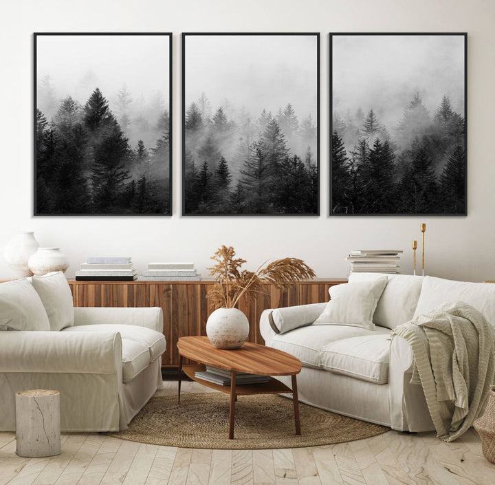 The Foggy B&W Forest Wall Art, featuring pine trees, enhances the minimalist kitchen ambiance.