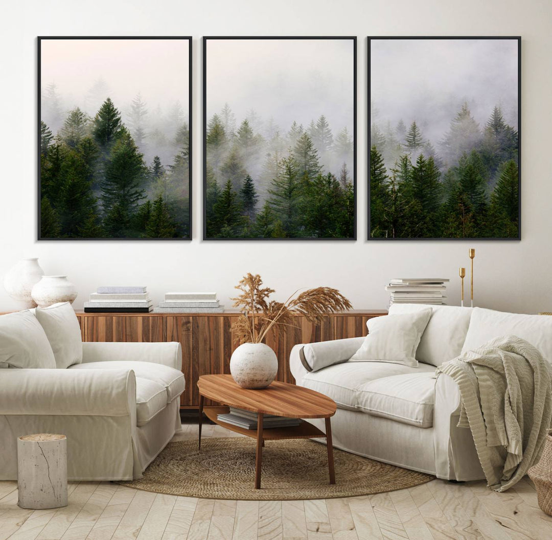 Misty Pine Forest Canvas Print serves as a foggy forest decor piece in the kitchen.