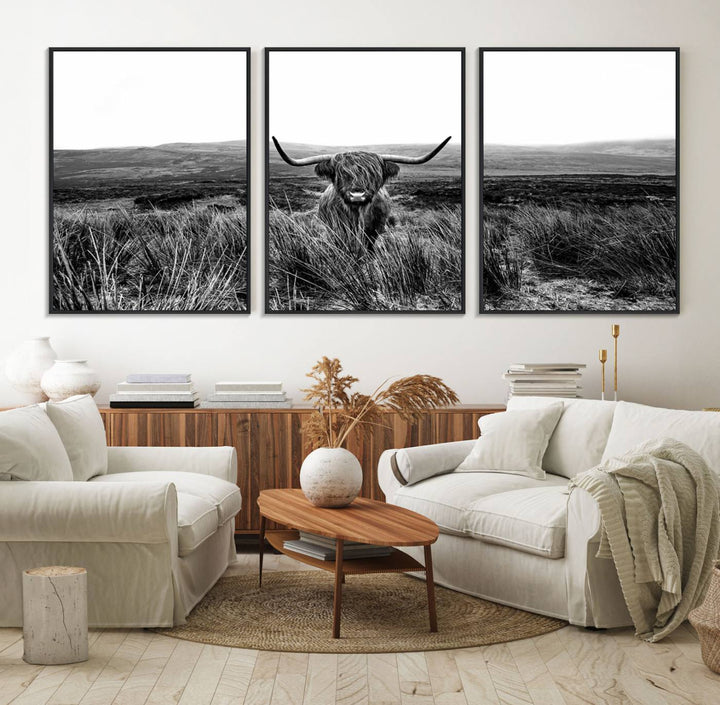 Dining room featuring a Black and White Highland Cow Canvas for a Western-themed decor.