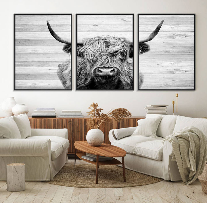 Scottish Highland Cow Cattle Art adds rustic farmhouse charm to the space.