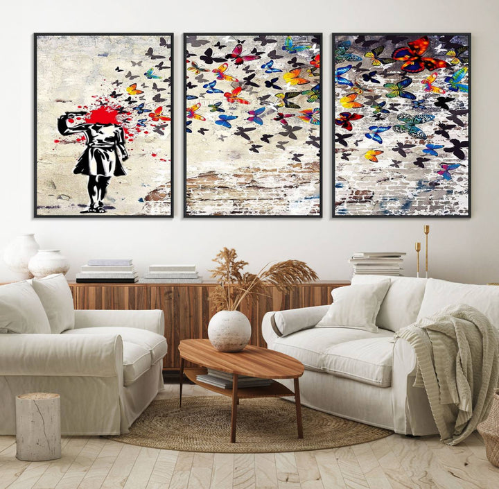 Banksy Art Butterfly Girl Explosion: Vibrant urban graffiti canvas for modern interiors, ready to hang.