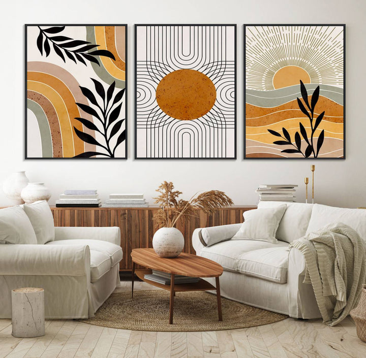 The Modern Boho Sun and Leaf giclée canvas is a 3-panel piece designed for mid-century or bohemian decor.